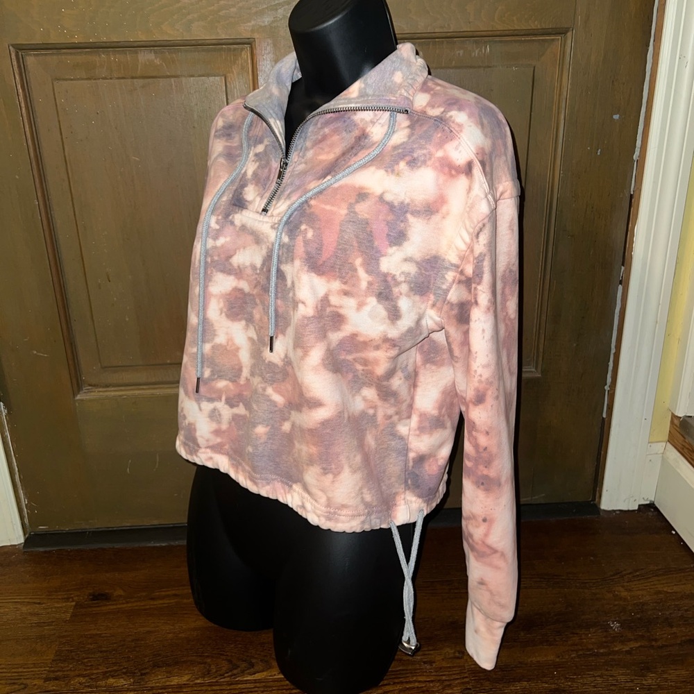 Gray Pink Colorful Acid Wash Quarter Zip Crop Long Sleeve Boho Pullover Size M - Picture 7 of 13